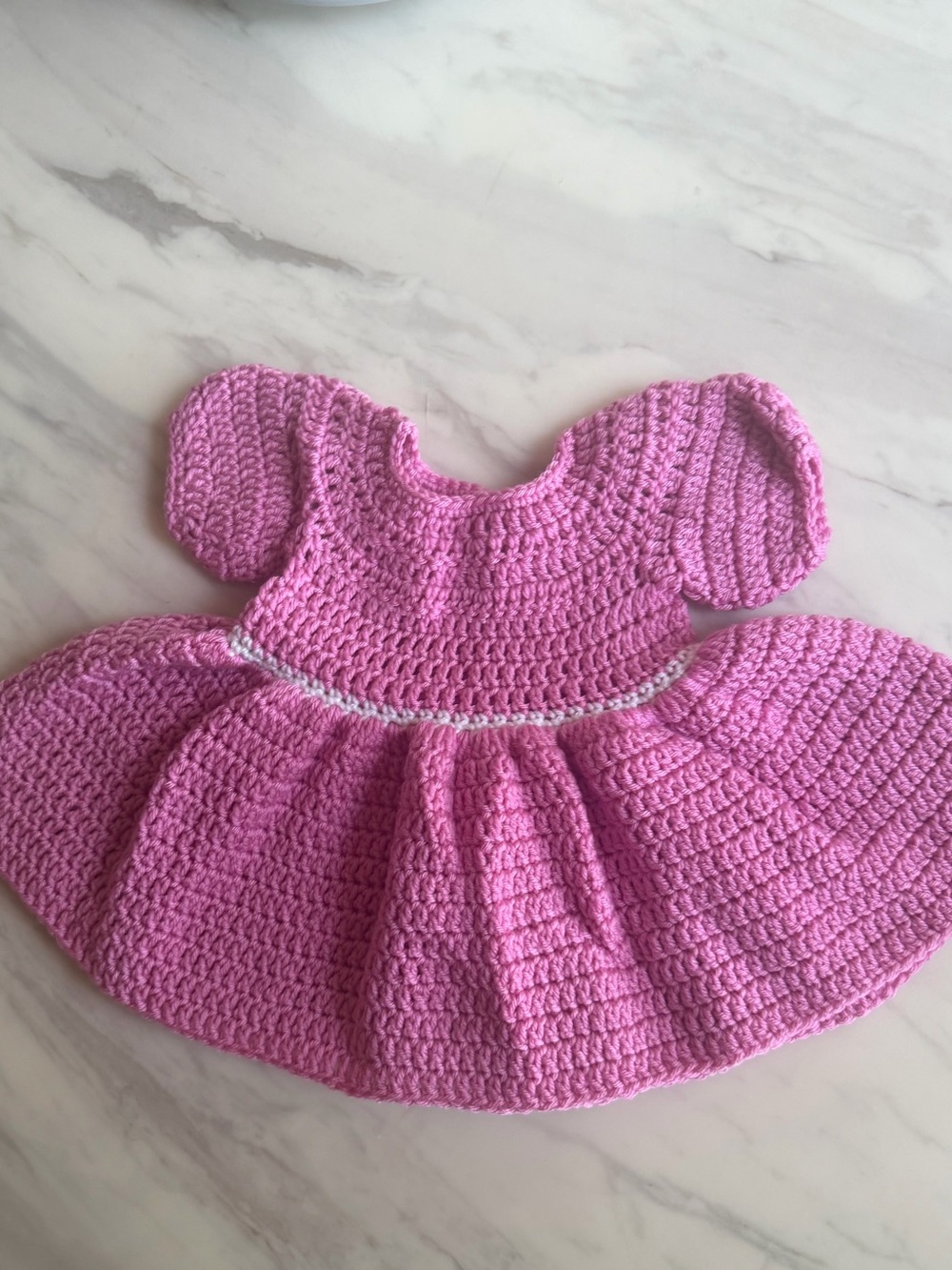 Handmade Pink Crochet Baby Girl Dress Puff Sleeve White Trim 3-6 Months